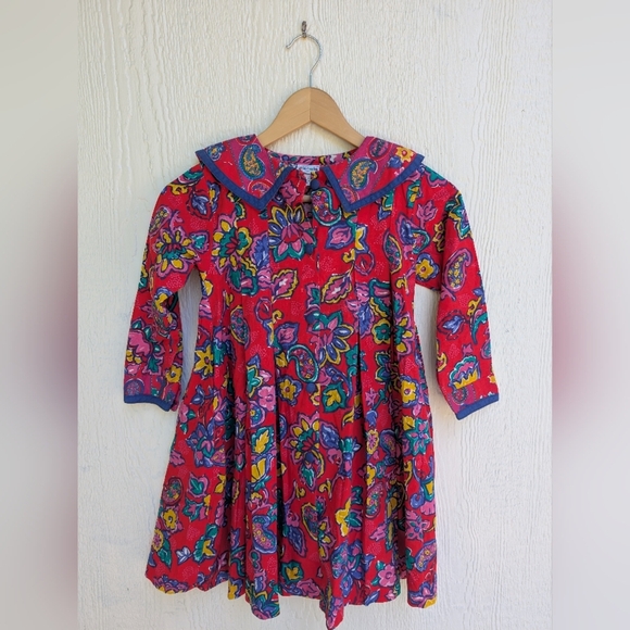 Vintage Piccolo Red Floral 100% Cotton Colorful Fun Dress Girl's Size 6 - Picture 1 of 5